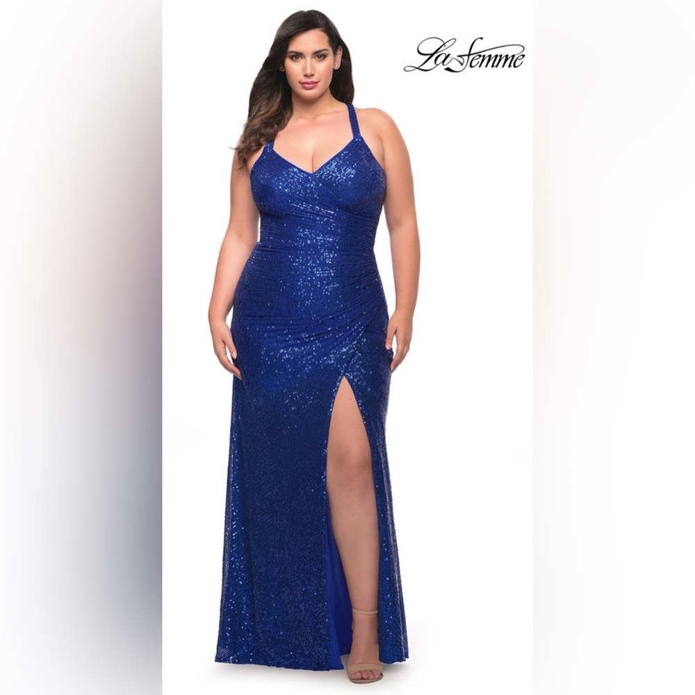 LA FEMME Curve Blue Sequin Formal Thigh Slit Open Back Long Prom Dress Sz 16